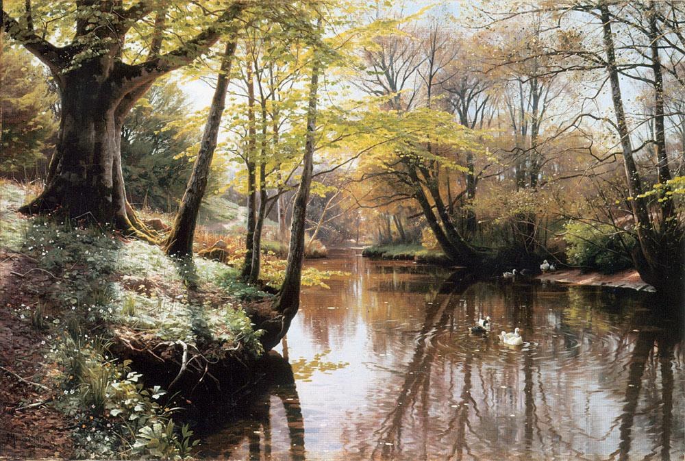 Peder Mork Monsted A River Landscape in Springtime